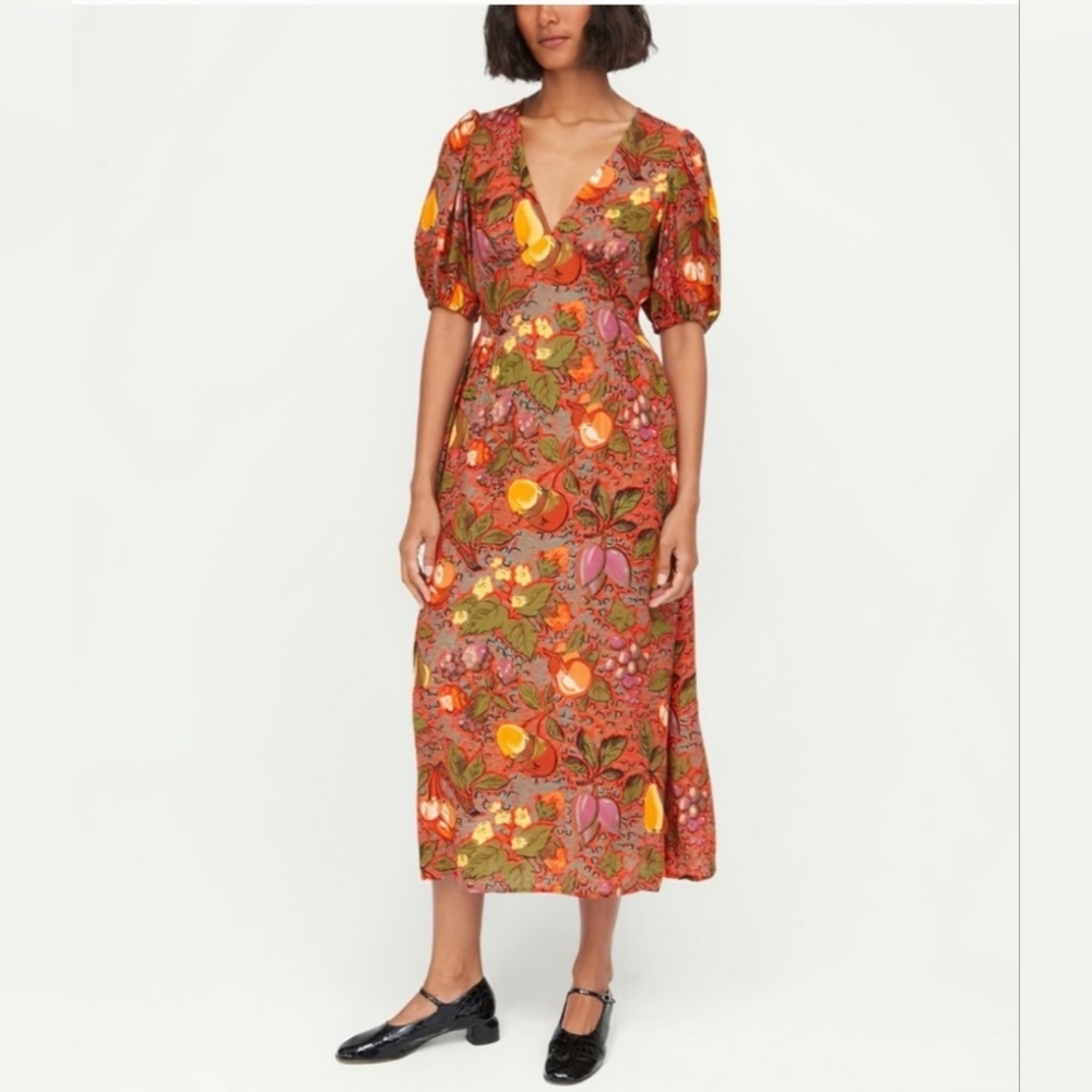 RHODE Gwyneth Size 10 Red Art Colorful Fruit Print Puff Sleeve V-Neck Midi Dress